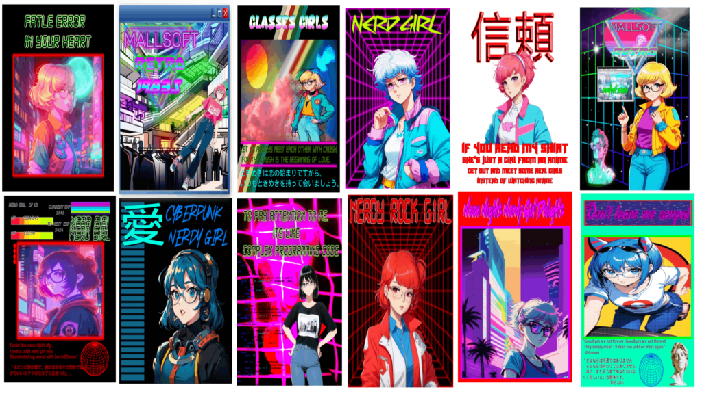 A collection of anime graphic products shop featuring various characters from different retro aesthetic like vaporwave, rerowave, synthwave and cyberpunk art style,