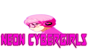 a purple logo retro anime girl wearing sun glasses and her hair is 80's look a short layered bob hairstyle, and under it is an aesthetic retrowave font letters which said NEON CYBERGIRLZ