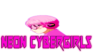 a purple logo retro anime girl wearing sun glasses and her hair is 80's look a short layered bob hairstyle, and under it is an aesthetic retrowave font letters which said NEON CYBERGIRLZ