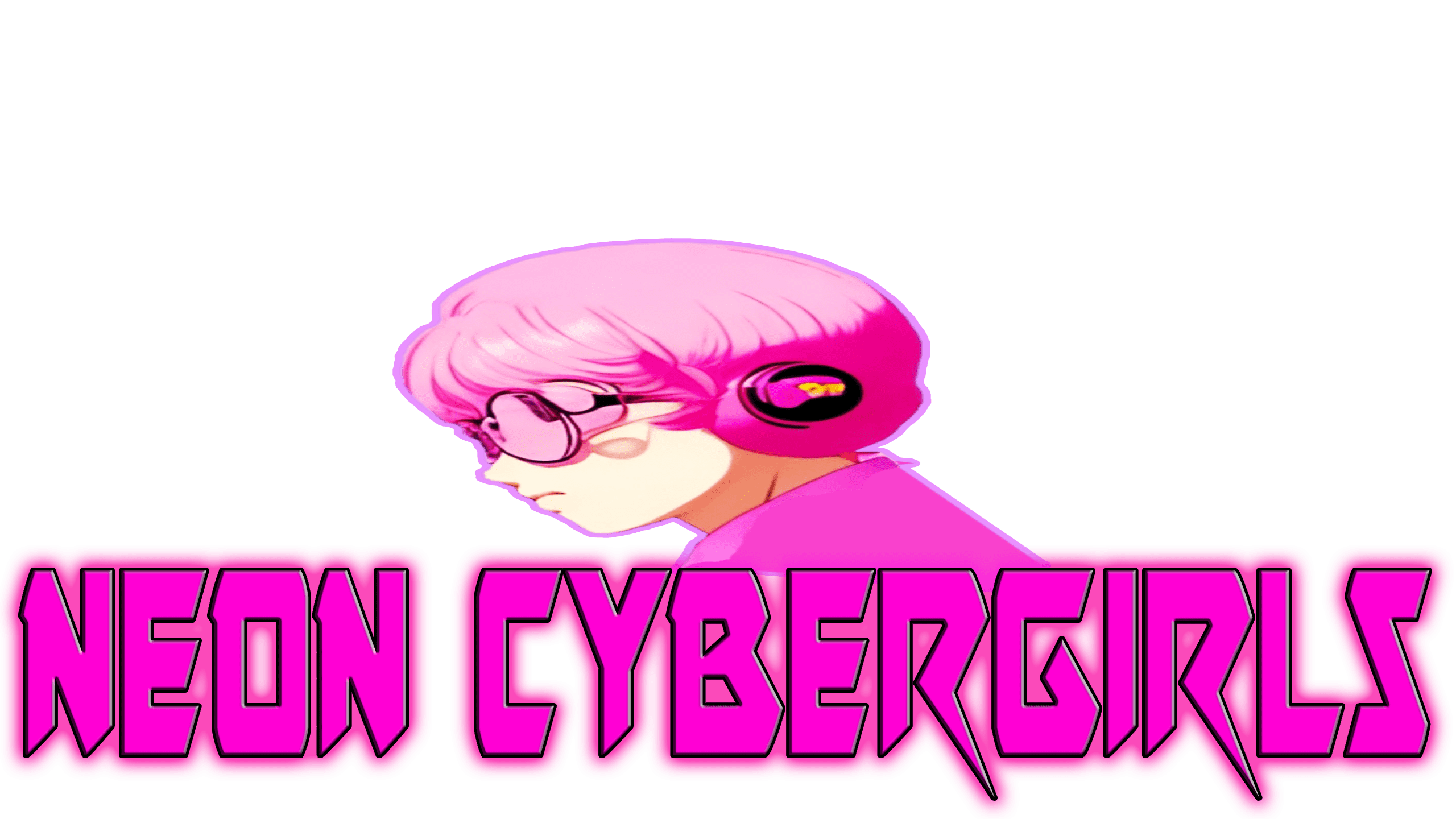 a purple logo retro anime girl wearing sun glasses and her hair is 80's look a short layered bob hairstyle, and under it is an aesthetic retrowave font letters which said NEON CYBERGIRLZ