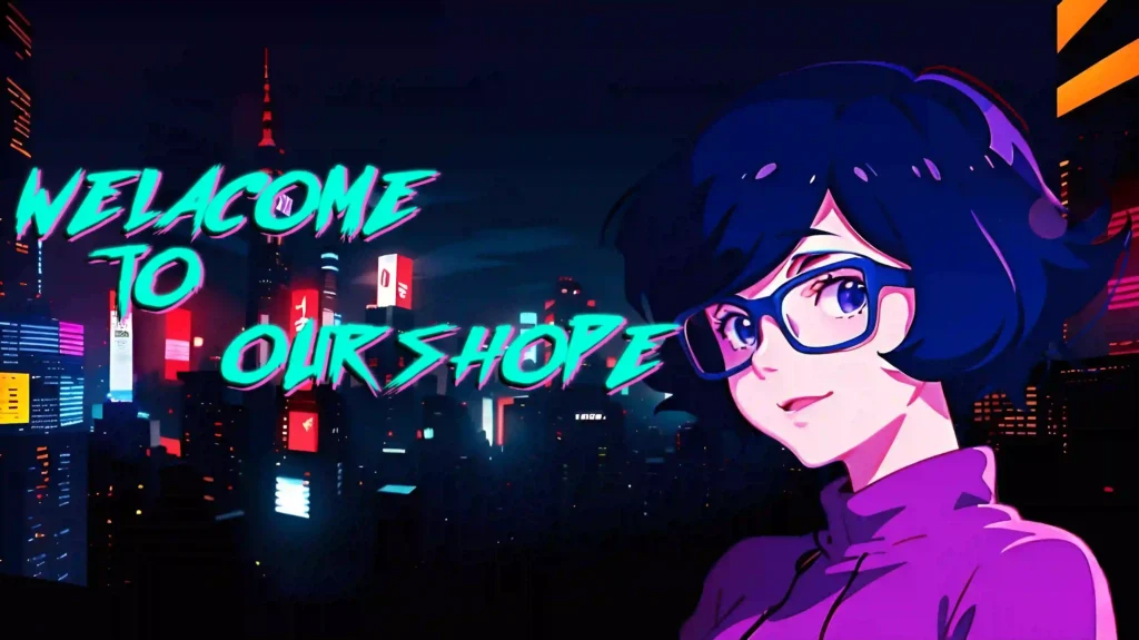 An anime-nerd girl 80'S style character with in a vibrant neon-lit cyberppunk cityscape Night city landscape with the words "welcome to our shop"