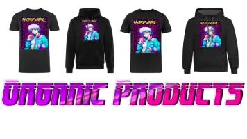 A collation of four men’s designs organic products: hoodie, t-shirt, and sweatshirt - stylish by vaporwave and comfortable clothing options with text in purple font: organic products.