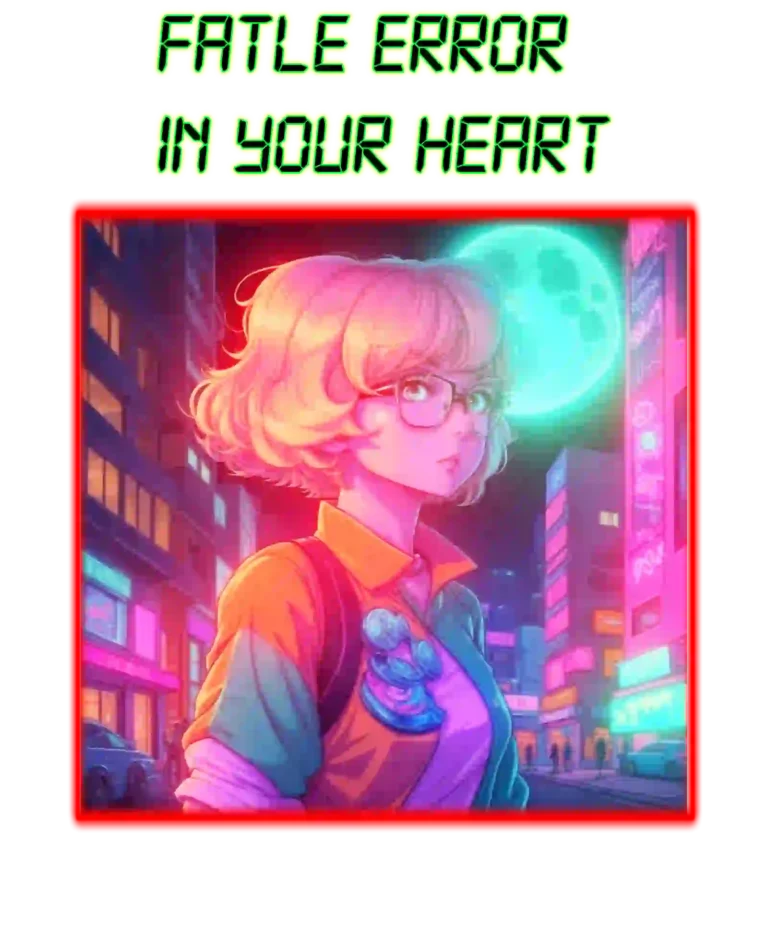 A red frame by blondie anime girl wear glasses and yellow-blue jacket beneath glowing neon light blue moon and landscape of cyberpunk city with title: FATLE ERROR IN YOUR HEART