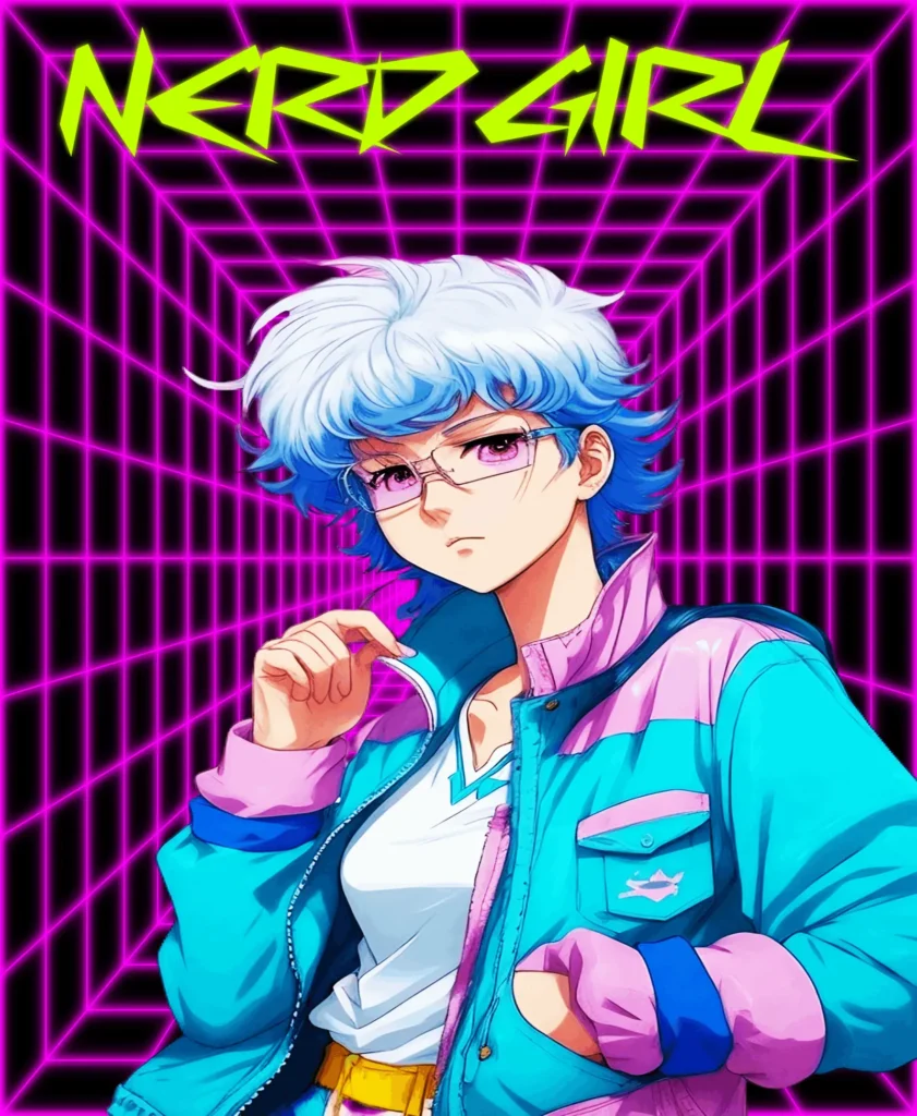 A retrowave 80s aesthetic anime girl wearing glasses and a light blue jacket stands on the black background fronted by a neon purple grid in a vaporwave vibe with a title of erotic green lime: NERD GRIL.