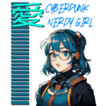 An arrangement of elongated blue squares that are standing vertically, A cyberpunk nerdy girl with vibrant hail wearing futuristic attire and glasses, and futuristic, or cyberpunk, nerdy girl with bright halo over her head and wearing hi-tech clothes and glasses, along with blue title “Cyberpunk Nerdy Girl” in cyberpunk text blue.