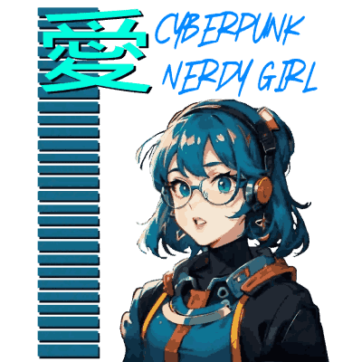 An arrangement of elongated blue squares that are standing vertically, A cyberpunk nerdy girl with vibrant hail wearing futuristic attire and glasses, and futuristic, or cyberpunk, nerdy girl with bright halo over her head and wearing hi-tech clothes and glasses, along with blue title “Cyberpunk Nerdy Girl” in cyberpunk text blue.