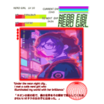 The first stylized image is about two neon-colored rectangles and JRPG elements like EXP, LV, and money signs, a nerdy girl title font, a girl wearing glasses and standing near the neon lights in the middle of the cyber city at night, representing a nerdy anime girl. displays the SMPTE color bars and Red digital circle with Japanese and English text.