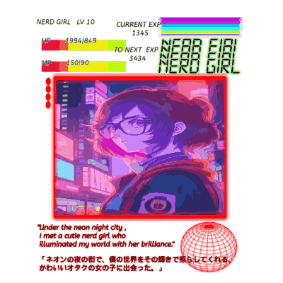 The first stylized image is about two neon-colored rectangles and JRPG elements like EXP, LV, and money signs, a nerdy girl title font, a girl wearing glasses and standing near the neon lights in the middle of the cyber city at night, representing a nerdy anime girl. displays the SMPTE color bars and Red digital circle with Japanese and English text.