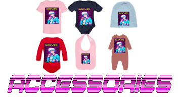 A variety of aesthetic vaporwave accessories for kids & babies design the 80s aesthetic retrowave anime ‘’NERD GIRL’’ with text in purple and pink: ACCESSORIES.