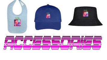 A variety of baby's accessories featuring of desing of anime girl, retrowave and vaporwave aesthetic. Along with text bold litter vibrant color "ACCEEORIES".