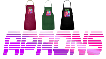 Trio of apron designs each different color with graphic design about vaporwave and retrowave art styles. Along with the word "Apron" in bold letters.