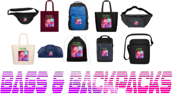 Assorted bags and backpacks in various graphic design aesthetically the retro wave and vaporwave styles and colors. "BAGS AND BACKPACKS" in vibrant purple and pink colors, adding a pop of fun.