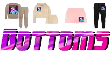 A collation of vaporwave aesthetic of woman’s bottom design by “80s aesthetic retrowave anime ‘’NERD GIRL’’ including items: Unisex Joggers, Bella + Canvas Unisex Lounge Wear Set, Women's Jogger Short, and Women’s Cropped Hoodie & Jogger Short Set, along with BOTTOM' text in pink and purple colors on image.