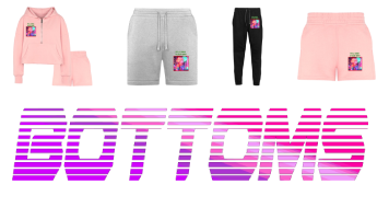 A collection of women's fashionable pair of pink shorts and the hoodie and the graphic on them are retrieved and vaporwave design, along with. Vibrant neon pink and purple word "bottoms" on display.