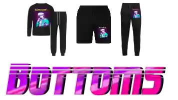 Three Bottoms products with the design "80s aesthetic retrowave anime” including: Bella + Canvas Unisex Lounge Wear Set, Unisex Joggers, and Bella + Canvas Unisex Short with title in purple color font: BOTTOMS.