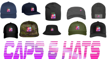 Variety of stylish hats and caps in different designs of anime girl, retrowave and vaporwave aesthetic. With vibrant purple and pink typography on white background: "Caps and Hats".