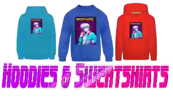 Three items are aesthetic vaporwave of hoodies and sweatshirts with design 80s aesthetic retrowave anime ‘’NERD GIRL’’ along text pink-vibrant: HOODIES & SWEATSHIRTS.