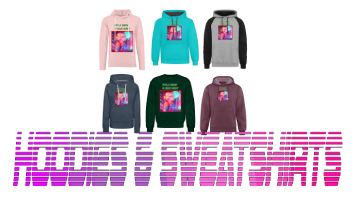 A colorful collection of hoodies and sweatshirts with different designs featuring futuristic the anime, retro wave. And vaporwave printed on them, along with the word "HOODIES & SWEATSHIRTS" in center.