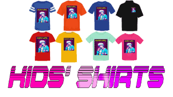 Kids shirts with pink-vibrant text: KIDS SHIRTS in the colorful collection of aesthetic vaporwave of kid’s shirts, printed on the design of 80s aesthetic retrowave anime ‘’NERD GIRL’’