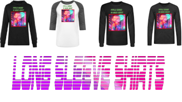 Assorted men's graphic long sleeve shirts in different hues, printed on them the anime, vaporwave, and retrowave art style, with bold titles' font vibrant-purple color: "LONG SLEEVE SHIRTS".