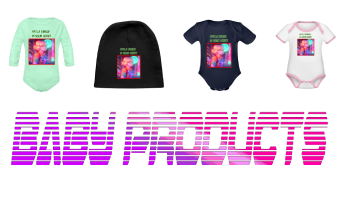 Colorful assortment trio of baby one suits with graphic design of vaporwave and retrowave aesthetic printed on them. Along with vibrant logo for baby products.