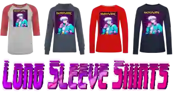 A collation vibed by aesthete vaporwave of women’s long sleeve shirts collection including: Unisex Baseball T-Shirt, Unisex Long Sleeve Hoodie Shirt, Women's Premium Slim Fit Long Sleeve T-Shirt, and Bella + Canvas Women's Long Sleeve T-Shirt by design printed on it “80s aesthetic retrowave anime ‘’NERD GIRL” along with purple color text: LONG SLEEVE SHIRTS.