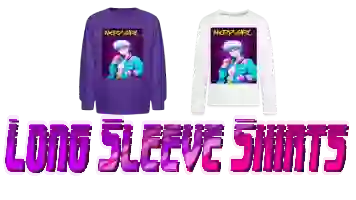 Two long sleeve shirts of aesthete vaporware of kid shirts, on left kids' Long Sleeve T-Shirt by dark purple and kids' Premium Long Sleeve T-Shirt by white color with text purple-pink text: LONG SLEEVE SHIRTS.