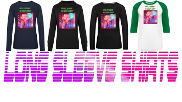 Set of three black long sleeve shirts with white/kelly green baseball t-Shirt featuring designs of the anime, retro wave, and vaporwave aesthetics along the text "long sleeve shirts" in bold font.