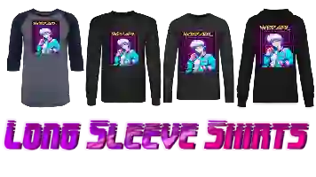 A collection of four men’s Long Sleeve Shirts products by 80s aesthetic retrowave anime design in vaporwave stylish include: Men's Premium Long Sleeve T-Shirt, Unisex Baseball T-Shirt, Men's Long Sleeve T-Shirt, and Unisex Long Sleeve Hoodie Shirt, text in purple font “LONG SLEEVE SHIRTS.