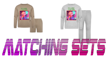 A pair of matching sets printed on them are the anime girl, vaporwave and retrowave art styles, including Bella + Canvas Unisex Sweatshirt & Short Set and Bella + Canvas Unisex Lounge Wear Set, along with a text of a vibrant-purple: MATCHING SETS.