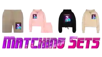 A collation of four women’s matching Sets printed on it by 80s aesthetic retrowave 80s anime ‘’NERD GIRL’’ design which contains items: Bella + Canvas Unisex Lounge Wear Set, Bella + Canvas Unisex Sweatshirt, Women's Jogger Short, and Women’s Cropped Hoodie & Jogger Short Set along with text purple font color: MATCHING SETS.