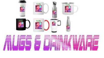 A collection of mugs and coffee mugs and printed on them graphic of the retro wave and vaporwave art styles. Simple and elegant: "MUGS & DRINKWARE" written in purple-vibrantletter colors.