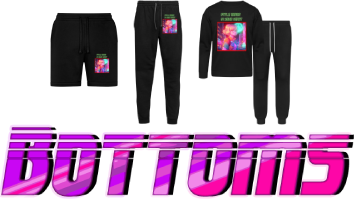 Black and different colored sweatshirts and pants with graphic vaporwave and retrowave graphics, the word ''BOTTOM'' written in stylish font in white color within pink and purple shades. "