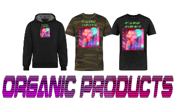 Three men's organic products-eco-friendly-are made of natural materials with vaporwave and retrowave styles. Including the items are t-shirts and hoodies with text in purple and vibrant text "ORGANIC PRODUCTS".