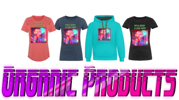 Three tees and one hoodie graphic of the retro wave and vaporwave art style of Oromine products along with a vibrant-purple logo text "ORGANIC PROODUCTS"