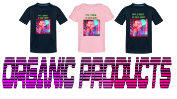 Several kid's shirts with the same design of the vporwave and retrowave placed next to each other, with the bold text "organic products"