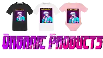 A collation of aesthetic vaporwave of kids & babies - organic products with design “80s aesthetic retrowave anime ‘’NERD GIRL’’ including Toddler Premium Organic T-Shir, Kid's Premium Organic T-Shirt, and Organic Short Sleeve Baby Bodysuit with vibrant-pink: ORGANIC PRODUCTS.