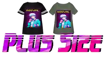 Two tees of aesthetic vaporwave of women’s plus size, on the left Women's Curvy V-Neck Football Tee by black color and on the right Women's Curvy T-Shirt by black color heather gray, paint on them by “80s aesthetic retrowave anime ‘’NERD GIRL’’ with in purple and pink: PLUS SIZE.