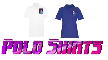 Polo shirts with 80s aesthetic retrowave anime ‘’NERD GIRL’’ design. Stylish by vaporwave aesthetic along with purple text: POLO SHIRTS.