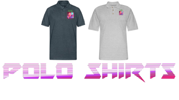 Two polo shirts with bold vibrant-purple color "POLO SHIRTS" printed on them in anime, retrowave, vaporwave graphics.