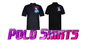 Two men’s polo black shirts by 80s aesthetic retrowave anime design with “POLO SHIRTS” logo in neon colored font.