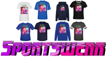 Various different men's graphic athletic sportswear tees, hoods, and sweatshirts are printed on them in the anime vaporwave and retrowave design art style. And the "SPORTSWEAR" logo with purple-vibrant font color.