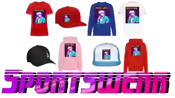 A variety colorful of vaporwave aesthetic women’s sportswear clothing and hats displayed together, printed on it “80s aesthetic retrowave anime ‘’NERD GIRL’’ design with in purple and pink: SPORTWEAR.