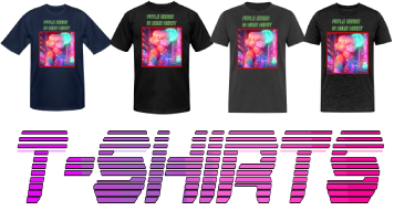 Four men's stylish graphic tees printed on them, the anime girl, vaporwav and retrowave art style. Also, a simple design featuring the letter "T-SHIRTS" in bold, with a stylish font and vibrant colors.