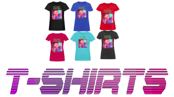 A collection of women's t-shirts showcasing various designs of blends of retro wave and vaporwave aesthetic, along with the Modern and colorful logo is "T-SHIRTS",