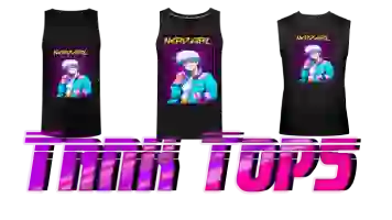 Three top tanks with the 80s design “retrowave anime" printed on them. With title: TOP TANKS.