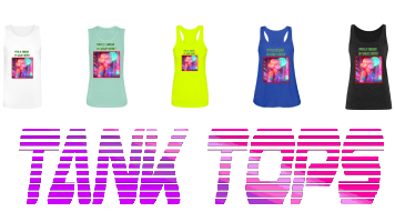 A colorful collection women's top tanks are printed the anime, vaporwave, and retrowave aesthetic, along with purple and pink with the word "tank top" clearly written in bold letters in the center.