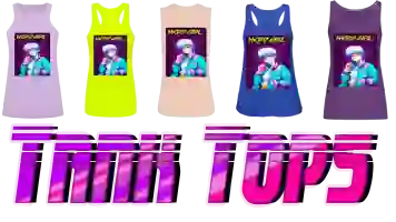 A colorful aesthetic vaporwave collection of women’s top printed on it 80s aesthetic retrowave anime ‘’NERD GIRL’’ design including: Women's Premium Tank Top, Women's Flowy Tank Top by Bel, Women's Flowy Muscle Tank by Bella, Women’s Performance Racerback Tank Top, Unisex Tri-Blend Organic Tank, and American Apparel Women’s Racerneck Tank with text by purple color font: TOP TANKS.