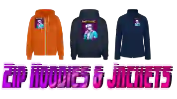 A collection of three stylish in vaporwave vibe women’s by 80s aesthetic retrowave anime ‘’NERD GIRL’’ Hoodies & Sweatshirts, including items: Bella + Canvas Unisex Full Zip Hoodie, Gildan Heavy Blend Adult Zip Hoodie and Women’s Soft Shell Jacket, along with purple text font: HOODIES & SWESTSHIRTS.