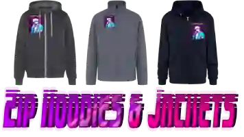 Three zip hoodies and jackets with the design "80s aesthetic retrowave anime” including: Bella + Canvas Unisex Full Zip Hoodie, Men’s Soft Shell Jacket and - Champion Unisex Full Zip Hoodie, with text ZIP HOODIES & JACKETS